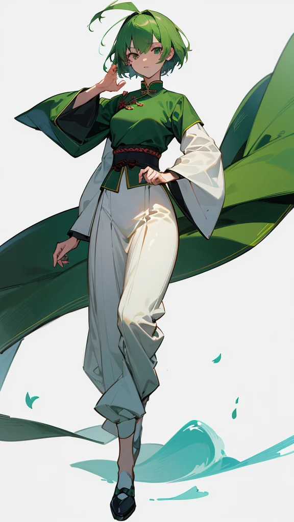 (Artwork, Highest quality, Facial details, Very redundant, Advanced Details, Highest quality, High resolution, 8K) frontを向いている、Green Hair、Her hair is short、small breast、upright stance、full body、Fighter、Uniform、Chinese Knight、Chinese style、White background、Simple Background、 exposure、China dress、pants、band、front、White clothes、Kung Fu、slender