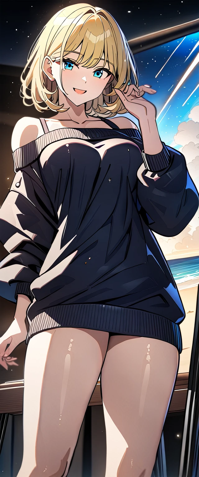 ((sea, beach)), out door, bare legs, ((A meteor shower dancing in the night sky, countless stars twinkling in the clear air)), (((sunglasses, hand to sunglasses))), ((())), ((wavy hair, inward curled hair)), ((night)), ((blond hair, bob cut:1.3)), breasts, teenager, (looking at viewer), oversized clothes, puffy long sleeves, ((off-shoulder sweater:1.3, Quite thick shoulder straps)), ((black sweater)), collarbone, head tilt:1.3, (((blue eyes))), ((happy smile)), (((anime style))), (best quality, 4K, 8K, highres, masterpiece:1.2, ultra-detailed, ultra-detailed eyes, HDR, uhd, studio lighting, ultra-fine painting, sharp focus, physically-based rendering, extreme detail description, professional, vivid colors, bokeh)