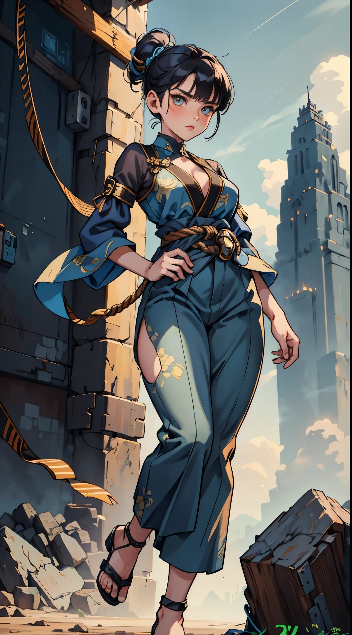 a mechanical girl, indigo gray hair, short uplifted and fluffy hairstyle, sharp look, a serious expression, a fantasy martial arts style sky blue fabric kung fu outfit, tattered sleeves, hands wrapped in ropes, a linen belt tied around the waist, thick fabric pants, on the cliff in the dark of night, This character embodies a finely crafted fantasy martial arts fighter in the anime style, exquisite and mature manga art style, High definition, best qualityer, high resolution, ultra detali, ultra-fine painting, extremely delicate, proffesional, anatomically correcte, symmetrical face, extremely detailed eye and face, high quality eyes, creativity, CRU photo, ultra HD, 8K, naturallight, cinematic lighting, work of art-anatomy-perfect, work of art:1.5