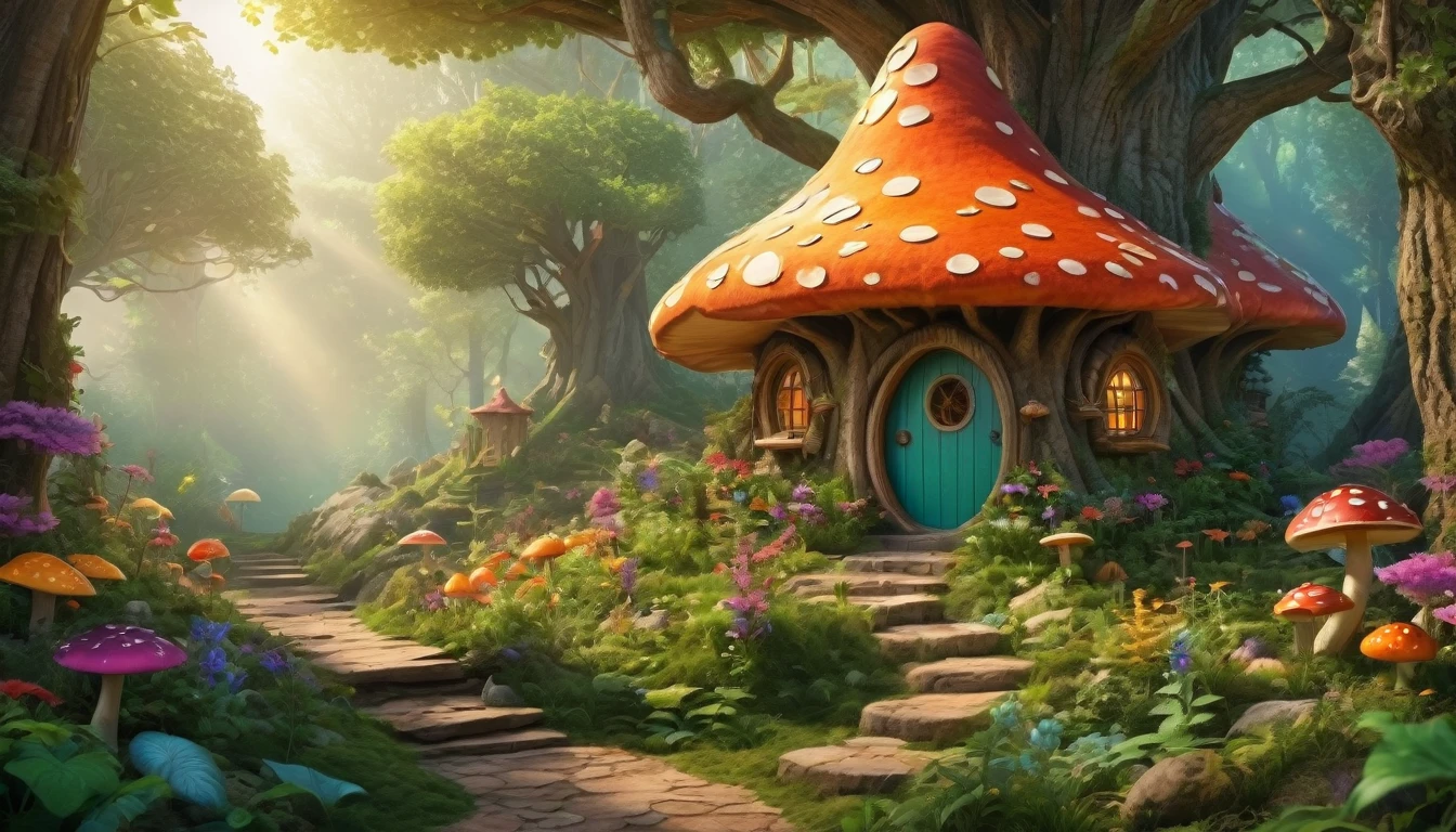 (Mysterious fantasy forest, dense trees, a cute and strange little tree:1.5), A hobbit cabin vividly depicted (best quality, 8K, advanced resolution, masterpiece:1.2) with ultra-detailed realism (1.4x realism, photorealistic: 1.37). This fantasy forest, surrounded by lush greenery and colorful flowers, is bathed in warm sunlight, creating a cheerful and whimsical atmosphere. The cabin, resembling a mushroom-shaped house, features intricate design and unique architecture. The artwork showcases an illustrative style inspired by children's book illustrations, with a vibrant rainbow color palette evoking joy and playfulness. Soft, warm lighting adds depth and warmth, making every detail impeccably presented. This visually stunning masterpiece captures the essence of a magical fantasy forest deep in the heart of a dense woodland.