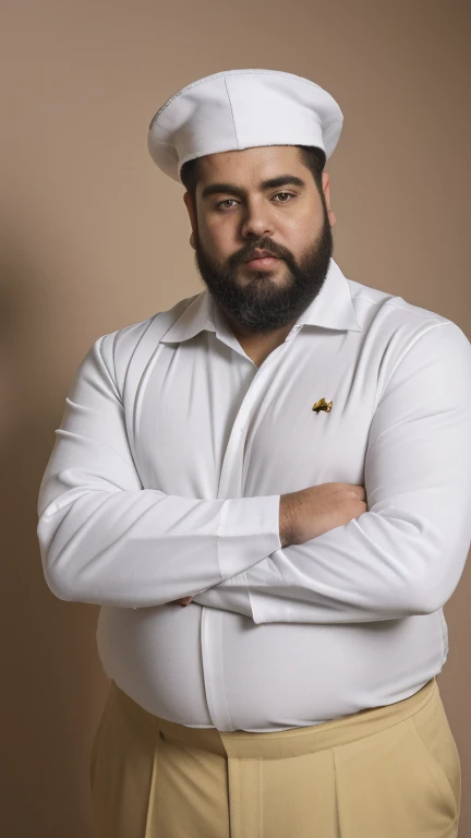 The space general não tem roupa apenas sunga branca de couro brilhoso, he is fat bearded, long sleeve uniform , he has his arms crossed seriously, speaking to the viewer, He wears a white general hat on his head. Visão completo do corpo do personagem.