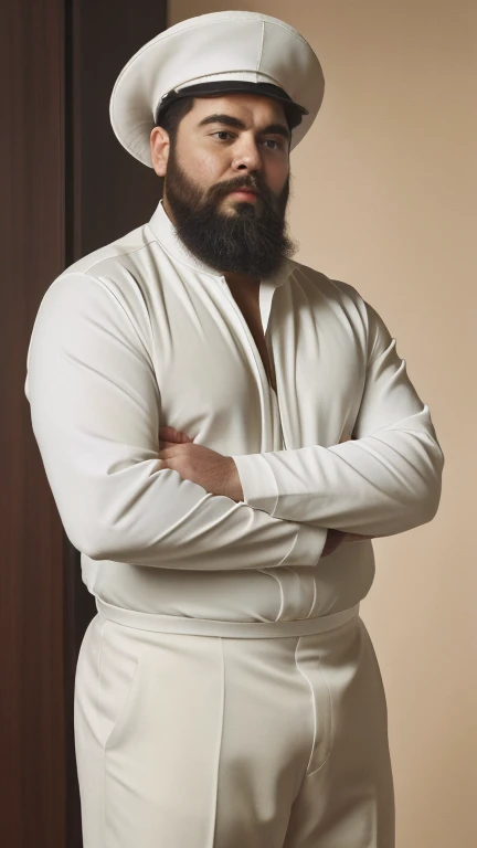 The space general não tem roupa apenas sunga branca de couro brilhoso, he is fat bearded, long sleeve uniform , he has his arms crossed seriously, speaking to the viewer, He wears a white general hat on his head. Visão completo do corpo do personagem.