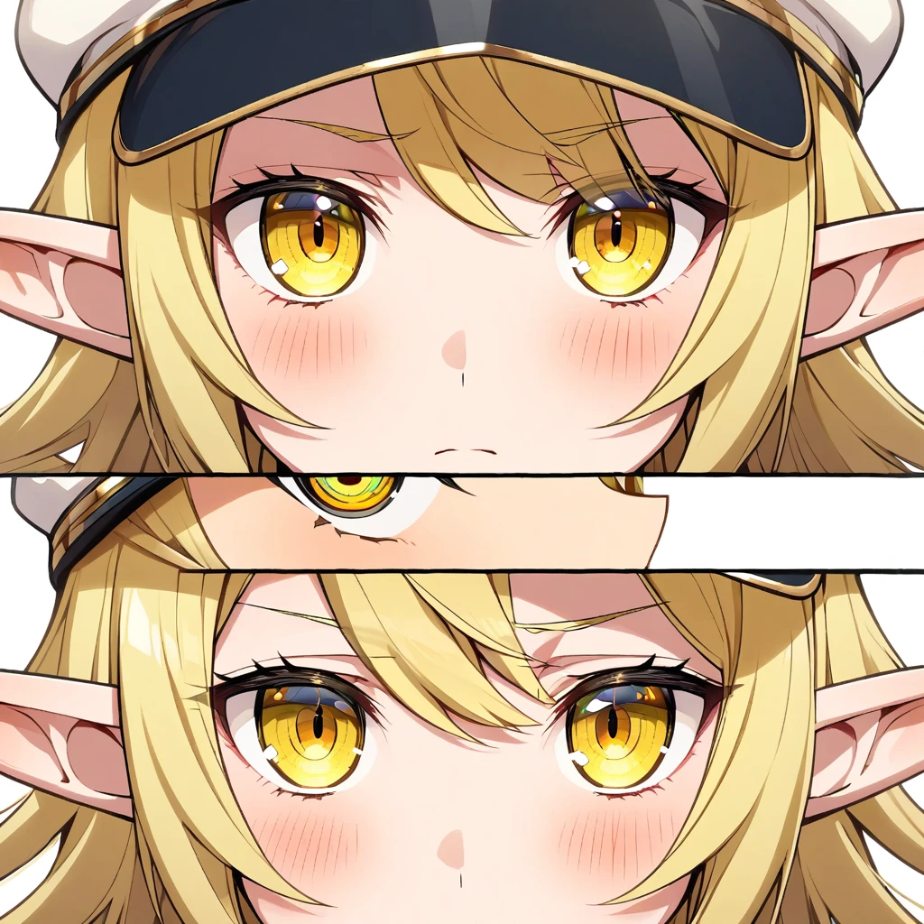 Blonde hair, gold eyes, ,blonde hair,, {white blazer}}, eye focus, looking at viewer, blush, {{gold trim}},, elf ear, yellow eyes. . portrait, flat cap