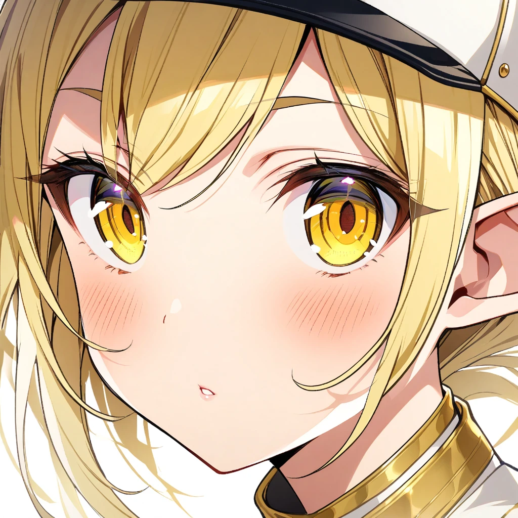 Blonde hair, gold eyes, ,blonde hair,, {white blazer}}, eye focus, looking at viewer, blush, {{gold trim}},, elf ear, yellow eyes. . portrait, flat cap