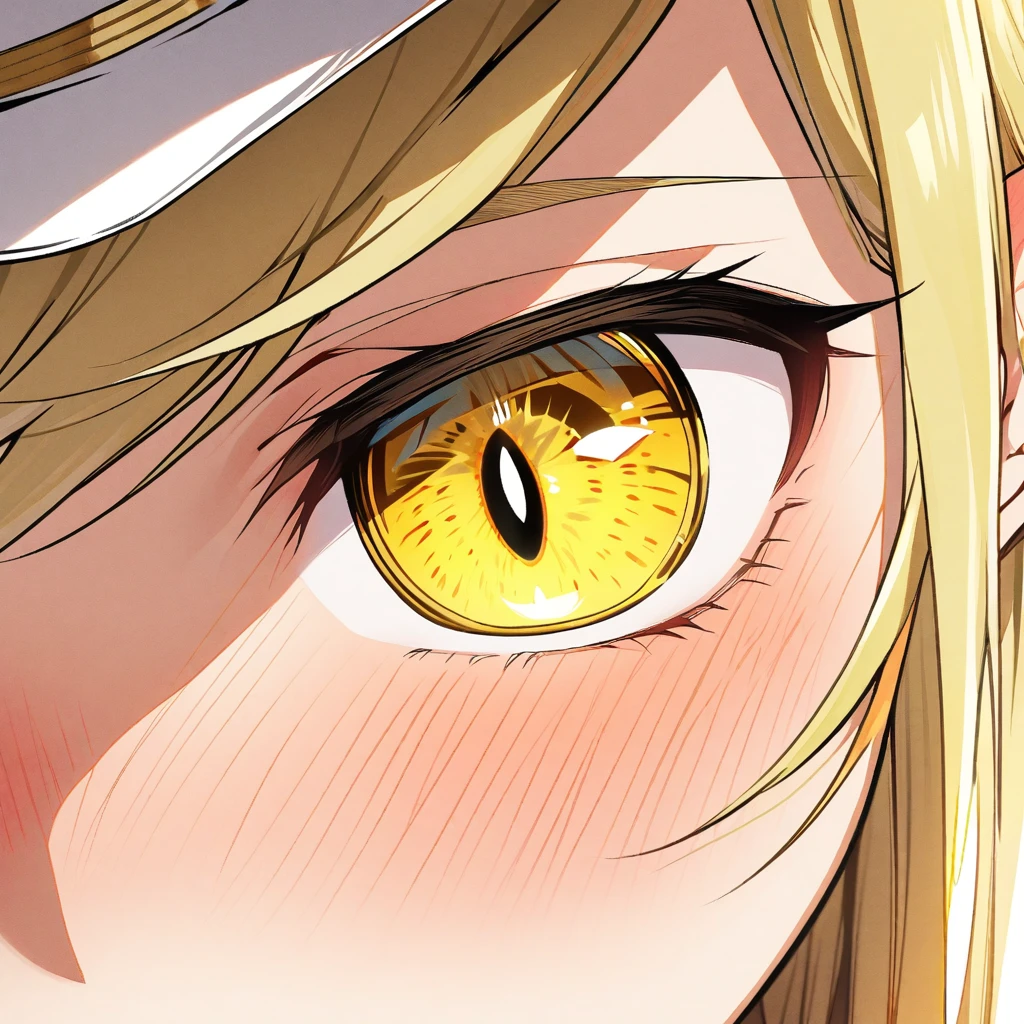 Blonde hair, gold eyes, ,blonde hair,, {white blazer}}, eye focus, looking at viewer, blush, {{gold trim}},, elf ear, yellow eyes. . portrait, flat cap