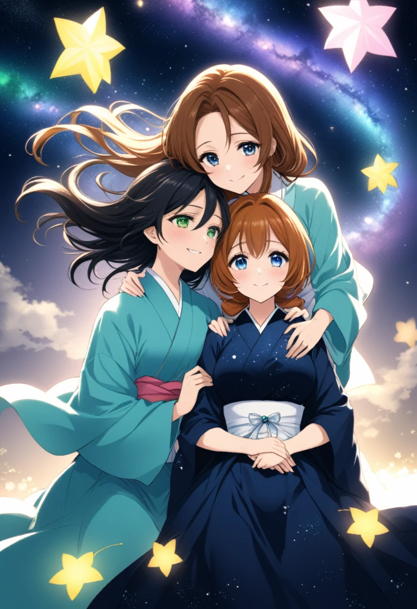 On the night of Tanabata, the sky is filled with countless twinkling stars. Orihime and Hikoboshi, lovers allowed to meet only once a year by crossing the Milky Way, finally reunite. Orihime has long black hair that sways in the breeze, wearing a deep indigo kimono. Her eyes sparkle a violet hue, reminiscent of the starry sky, and her face is delicate and kind. Hikoboshi, with short brown hair, wears a fresh blue robe that reflects the sky. His eyes are green, and his muscular build complements his gentle smile. They meet on the bridge over the Milky Way, holding hands and smiling warmly at each other. Orihime's hand gracefully rests on Hikoboshi's shoulder, while Hikoboshi's hand gently supports Orihime's waist. Their faces radiate happiness and love. "I've been waiting for you, Orihime," says Hikoboshi. "Me too, Hikoboshi. I've longed to see you," replies Orihime. "Not a day has gone by that I haven't thought of you this past year," Hikoboshi whispers. "I feel the same. Life without you has been lonely," Orihime says, tearing up. "But now we're together. Let's cherish the time we have," Hikoboshi says, embracing her tightly. Around them, countless stars shine brightly, as if celebrating their love. Please turn this story into a manga and create five speech bubbles for comments. Make the final image in color, not black and white.
