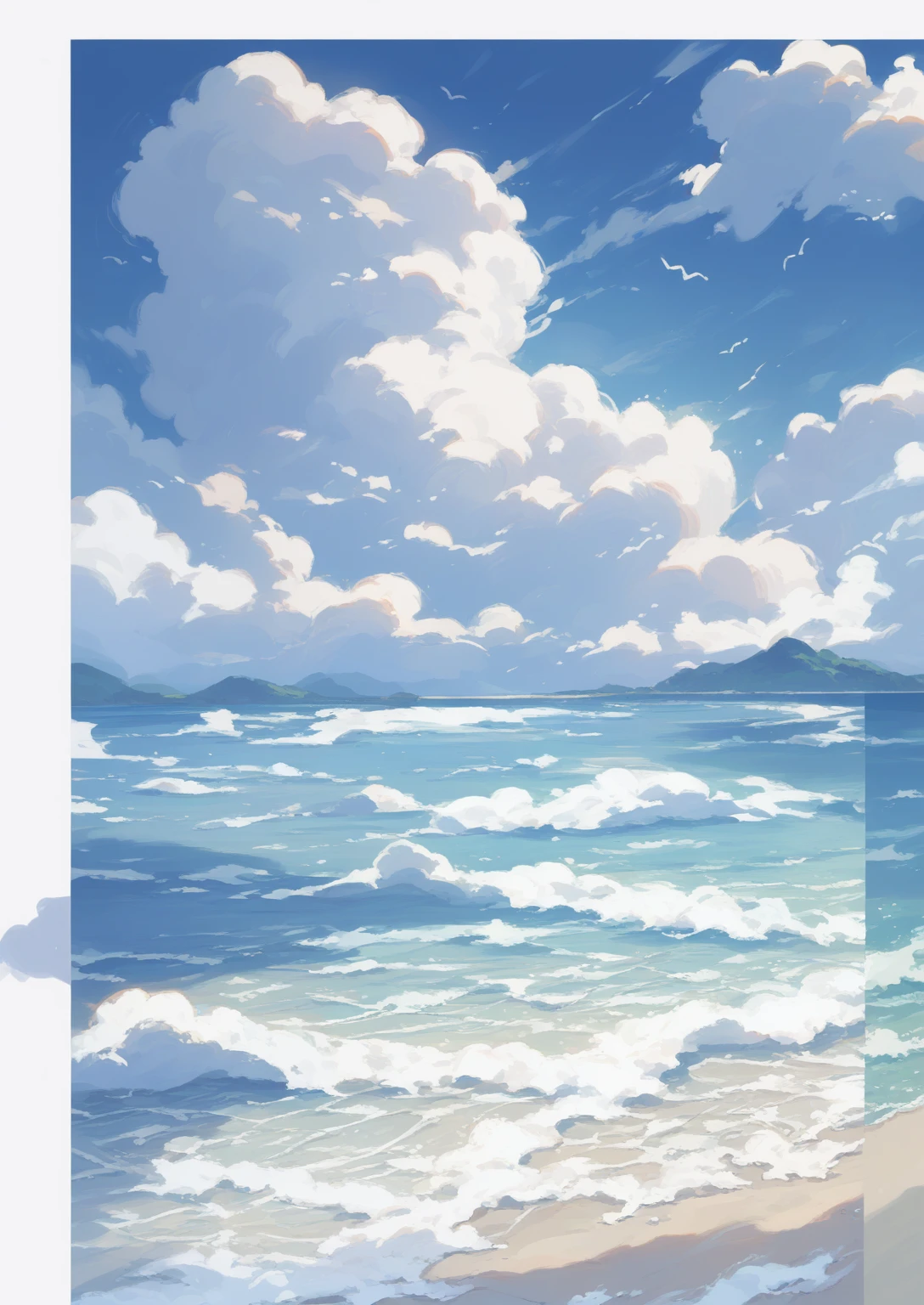 An anime-style beach painting，Cloudy sky，Rough seas, Blue Sea. by Shinkai Makoto, style of Shinkai Makoto, Detailed scenery —width 672, studio glibly Shinkai Makoto, Shinkai Makoto. High Detail, Shinkai Makoto. — 2160 hours, in style of Shinkai Makoto