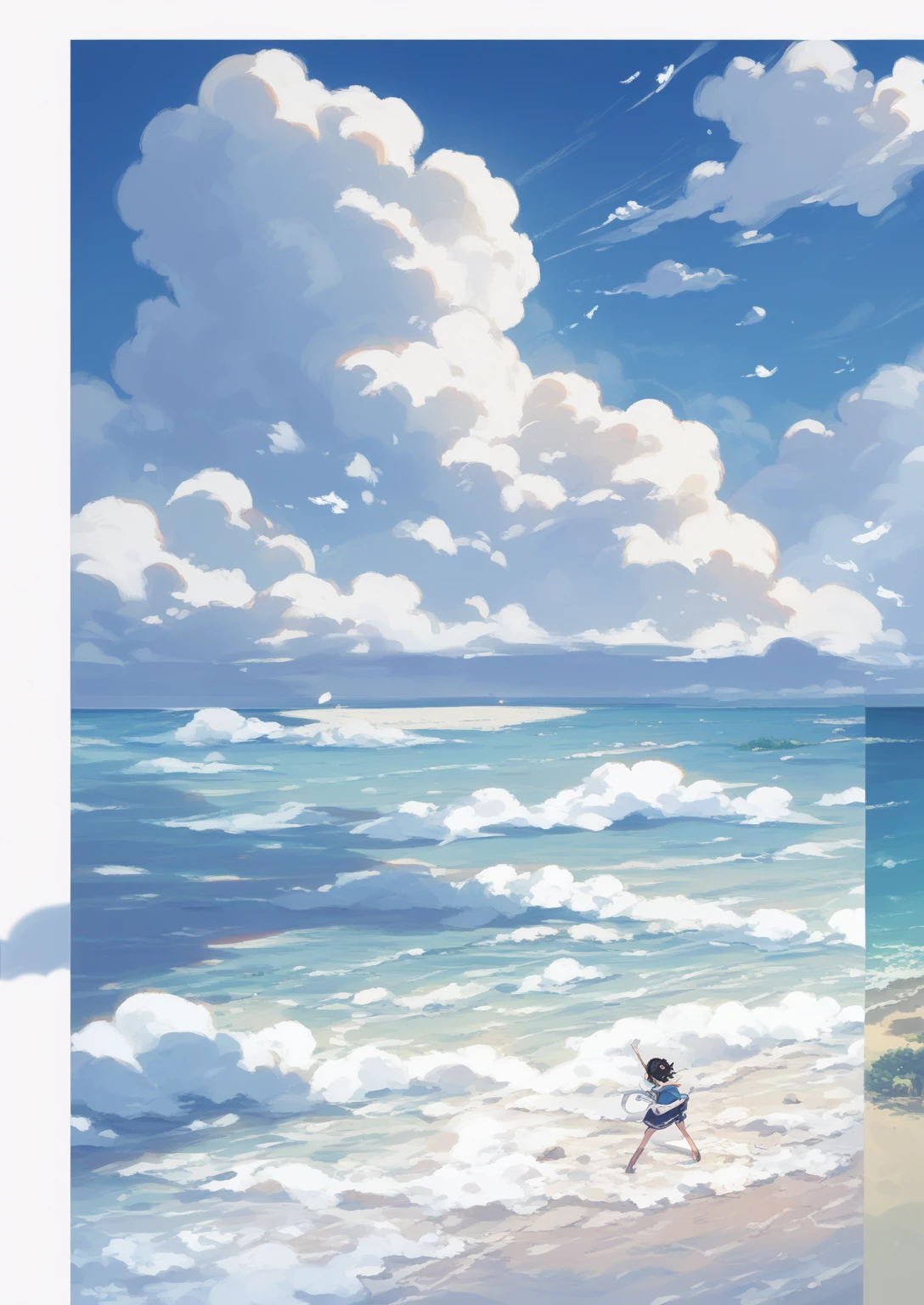 An anime-style beach painting,Cloudy sky,Rough seas, Blue Sea. by Shinkai Makoto, style of Shinkai Makoto, Detailed scenery —width 672, studio glibly Shinkai Makoto, Shinkai Makoto. High Detail, Shinkai Makoto. — 2160 hours, in style of Shinkai Makoto