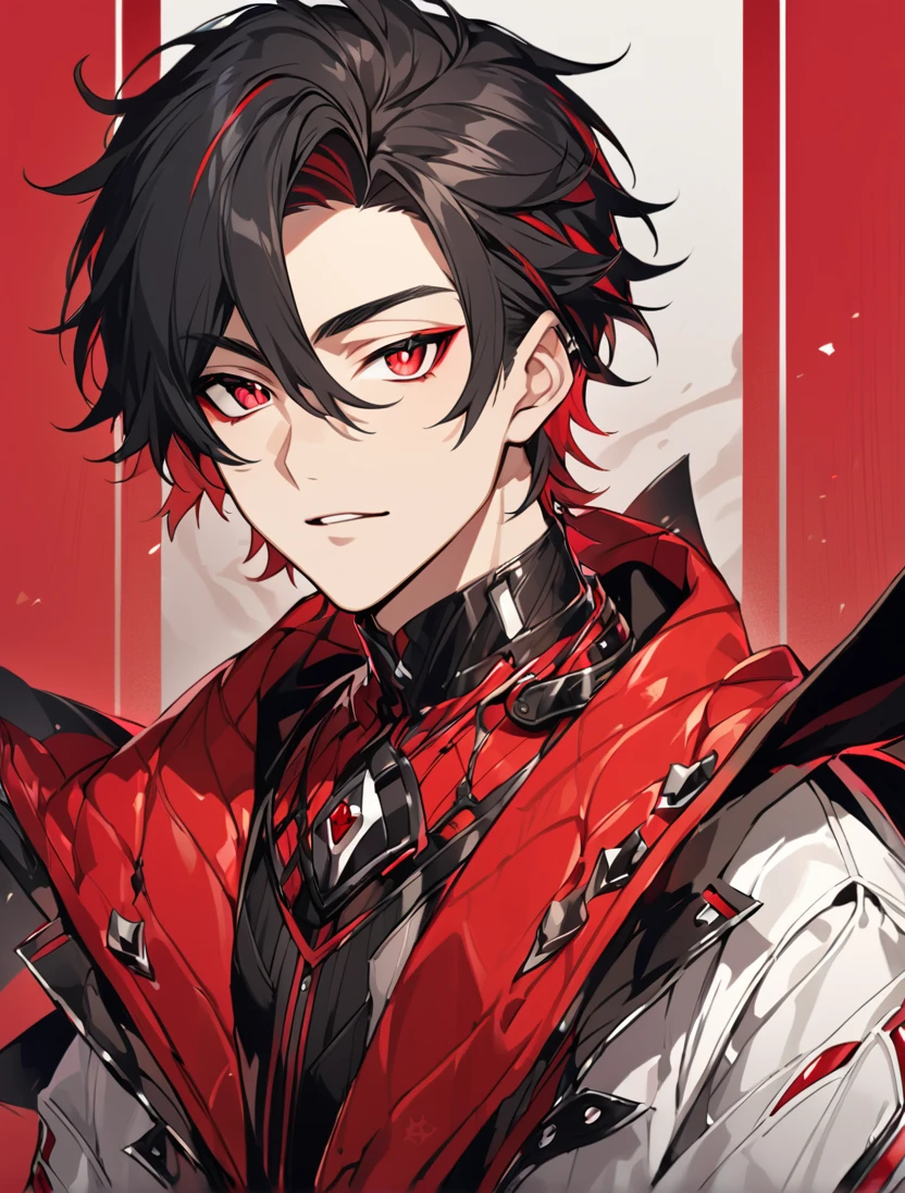 (Black_Hair), (red_ruby_eyes), (Handsome), (attractive), (male), (close_up_shot), (detailed_eyes), (detailed_hair), (clean_hair),  (vertical_pupils), (jawline), (wears_aristrocatic_outfit), (in_his_late_teens), (short_hair)