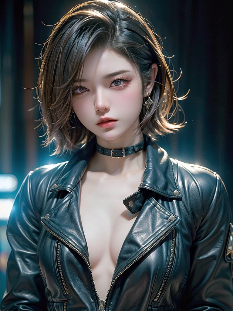 ((Highest quality)),(Ultra-high resolution),(Very detailed),(Detailed Description),((The best CG)),(masterpiece),Ultra-detailed art, Black background、Dramatic lighting1.2、Gives off a radiant aura、semi-long、(((Mid-shot photo 1.5)))、Always look at the viewer with a sharp gaze、、leather jacket、put on top of naked body、The world of Resident Evil 1.2