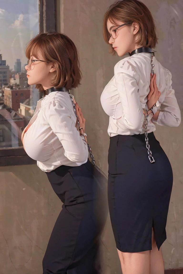 photorealistic,and sharp focus,Highly detailed, masterpiece, ultra-detailed, illustration, best quality,Full body,((2 girls)),(Stand side by side),((1 girl Body facing forward)),((other girl Body back facing forward)),bangs, glasses, bob cut,BDSM,blush,black collar,arms behind back,bondage,neck lock in a black collar,hands behind her back in an anti-prayer posture,wrist attached to her collar with a piece of chain , Large window, City view outside window, white shirt, The neckline of the shirt was wide open,Show one's cleavage,Breast compression,jewelry, ((huge breasts)),Black long pencil skirt, black stiletto heels