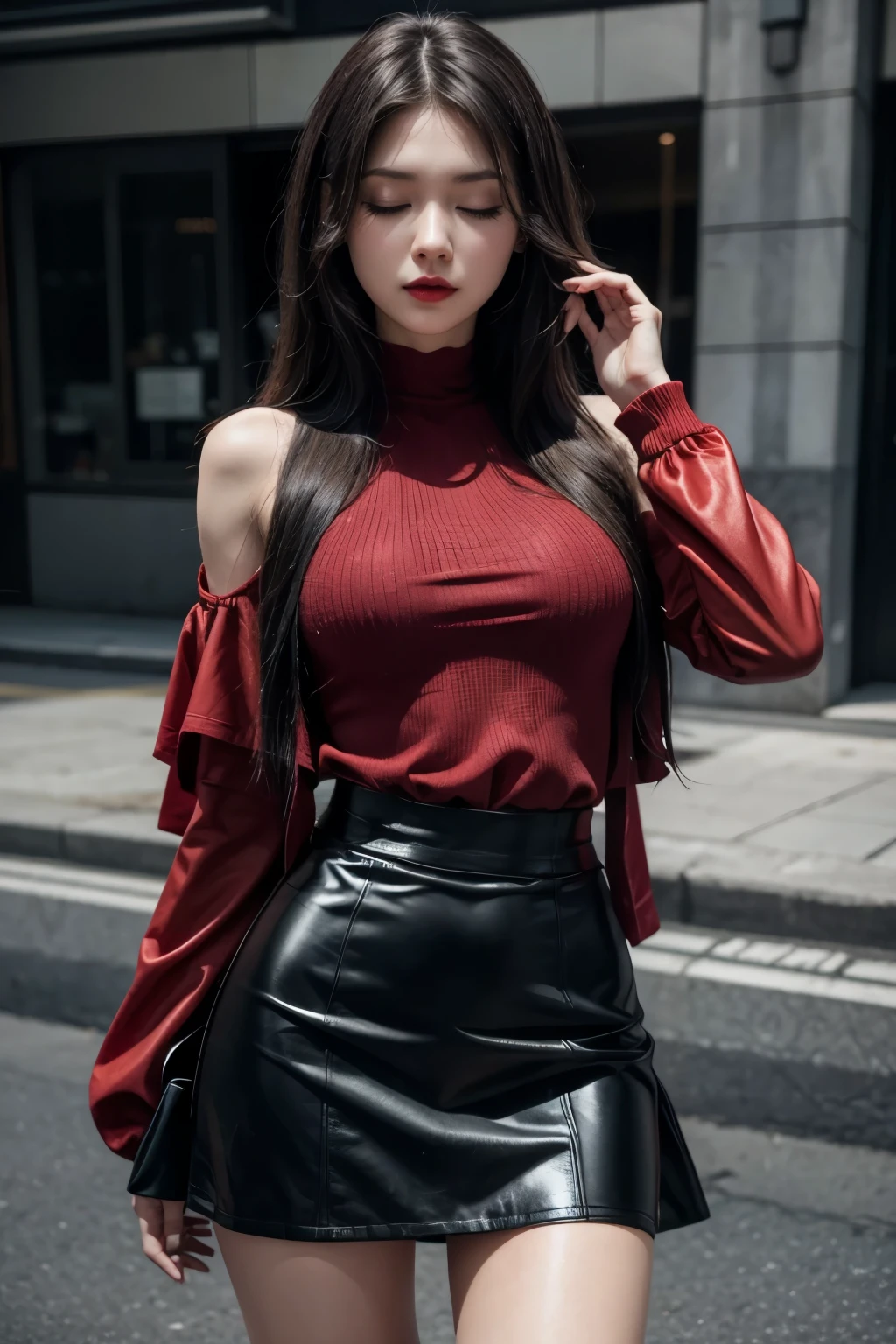 Perm hair woman, sexy modern woman, red lips, black skirt, dressed like Katarina, closed eyes, fingers --style realistic-imagine