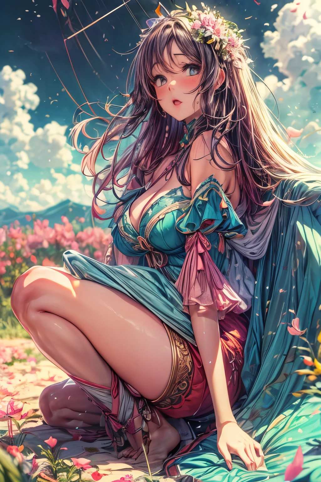 (Highest quality, masterpiece), Turquoise Screen Filter, (One girl, alone, Brown robes, expression, look up, Sitting, Wide sleeves, Iris, Mouth closed, Long Hair, Cowboy Shot), (sunny, Cosmos field, cloud), erotic, One slim woman, 25-year-old woman, huge firm bouncing busts, Pointed Chest, sexy long legs