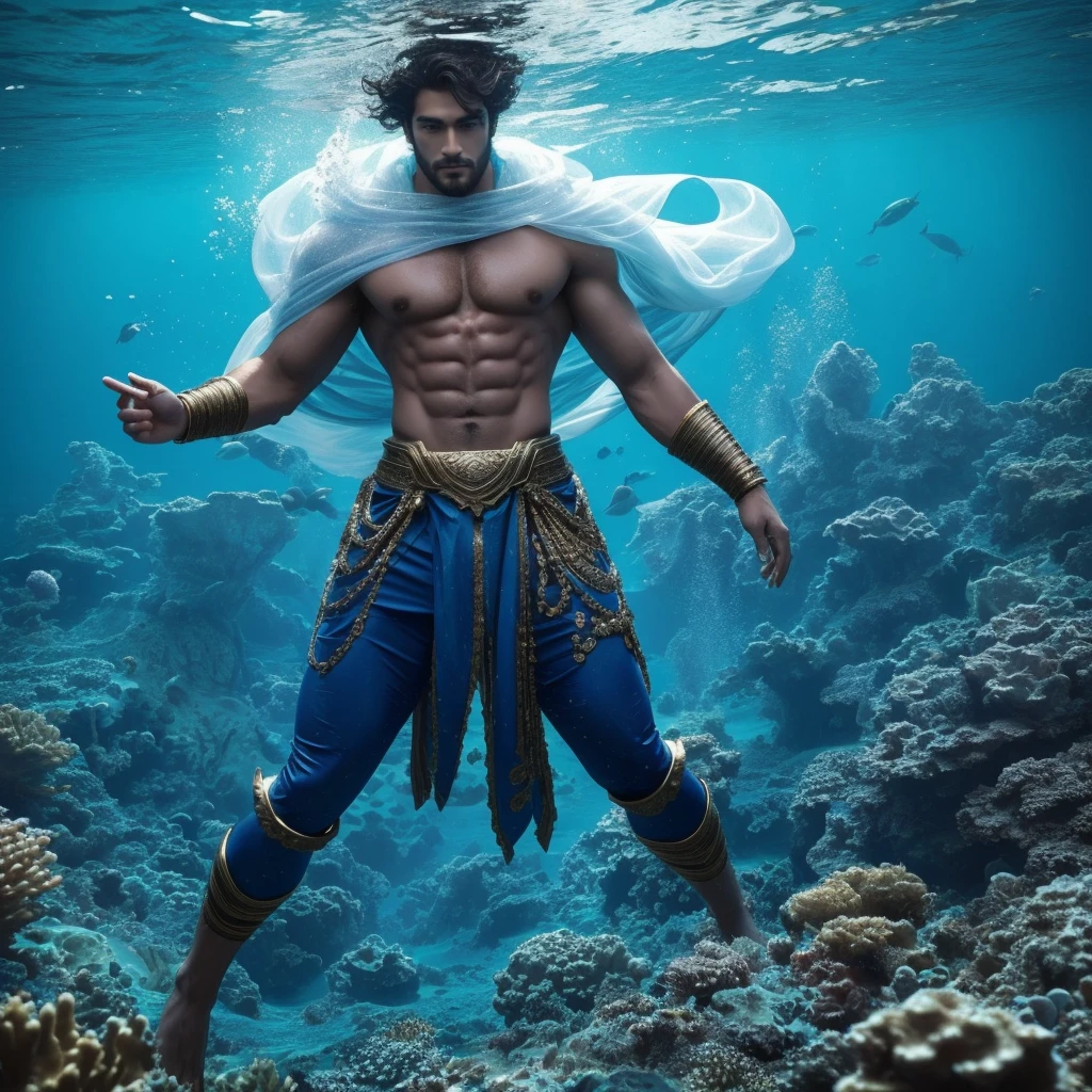 There was a person under the sea who was powerful, handsome, and beautiful. All races would admire him. His strong body and clothes were as beautiful as a god.