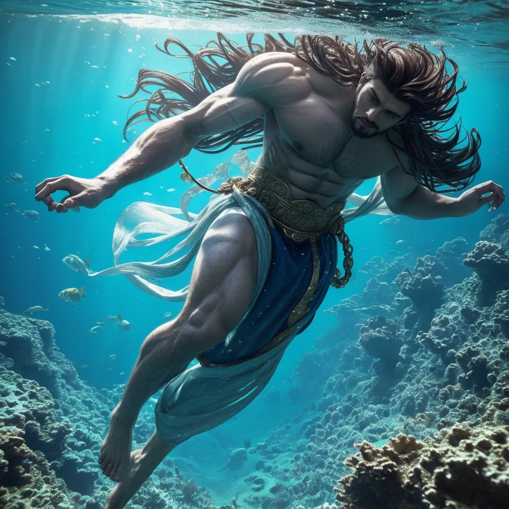 There was a person under the sea who was powerful, handsome, and beautiful. All races would admire him. His strong body and clothes were as beautiful as a god.