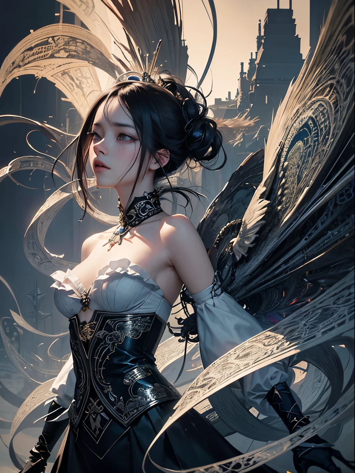 official art, unity 8k wallpaper, ultra detailed, beautiful and aesthetic, masterpiece, best quality, (zentangle, mandala, tangle, entangle), (fractal art:1.3) , 1girl, extremely detailed, dynamic angle, cowboyshot, the most beautiful form of chaos, elegant, a brutalist designed, vivid colours, romanticism, by james jean, roby dwi antono, ross tran, francis bacon, michal mraz, adrian ghenie, petra cortright, gerhard richter, takato yamamoto, ashley wood, atmospheric, of musical notes, streaming musical notes visible