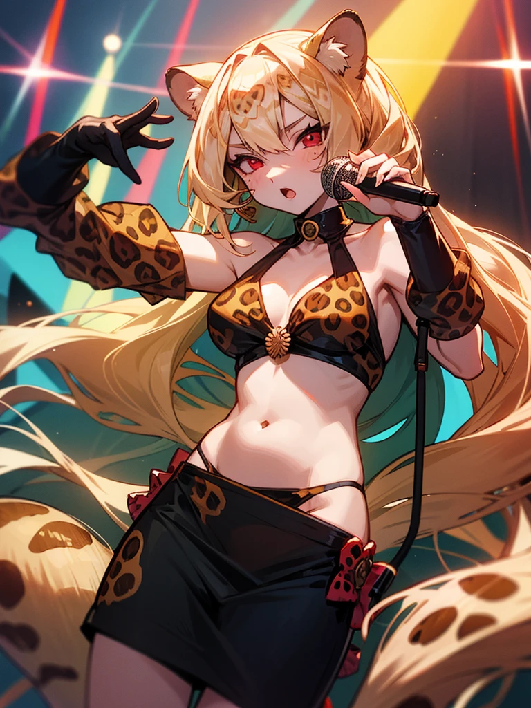 Leopard print long hair, seashell bikini, microphone, red eyes