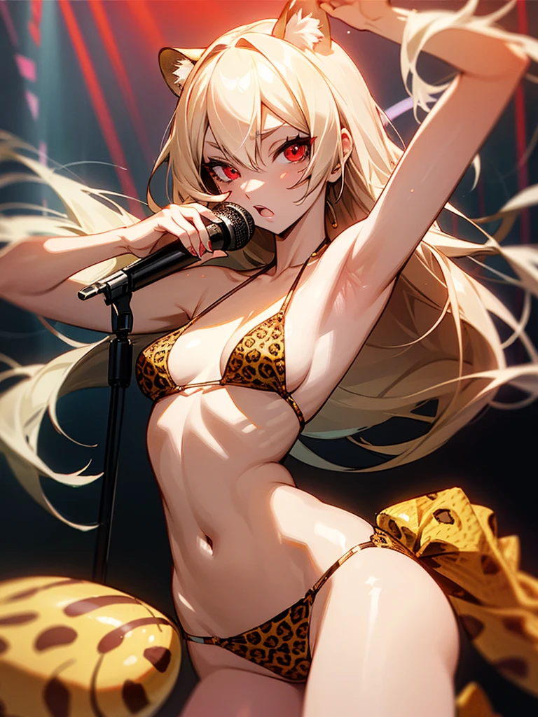Leopard print long hair, seashell bikini, microphone, red eyes