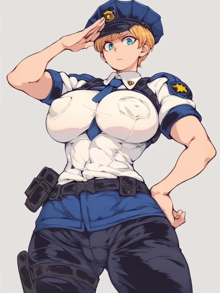 source_anime,
1girl, solo, standing, salute, hand on hip, wearing police uniform, curvy, large breasts, short blonde hair, blue eyes, covered nipples, police_hat, black pants, short_tie, holster