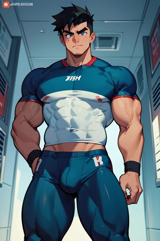 Danny Phantom, ghost, hypnosis, jock, conversion, locker room hallway, hyper muscles, jockstrap, bro, meathead, hypnotized, brainwashed, brainwashing, big dumb jock, football.  Glowing eyes. Hyper crotch bulge. Massive bulging crotch. Big balls. Big biceps. Big triceps. Big traps. Broad shoulders. Big meaty pecs. Big thighs. Thick glutes. Hyper muscles. Football team assimilation. Clothes turning into a football uniform. Danny Fenton turning into Dash Baxter. Black hair turning blonde. Twinning. Both are sneering. Cocky smirk. Dash whispering in Danny Fenton's ear. Danny Fenton obeying Dash Baxter as Dash Baxter says, "Don't worry, Fenton. You'll like being me. Now shove that nerd into the locker like a good jock. You know you want to...."