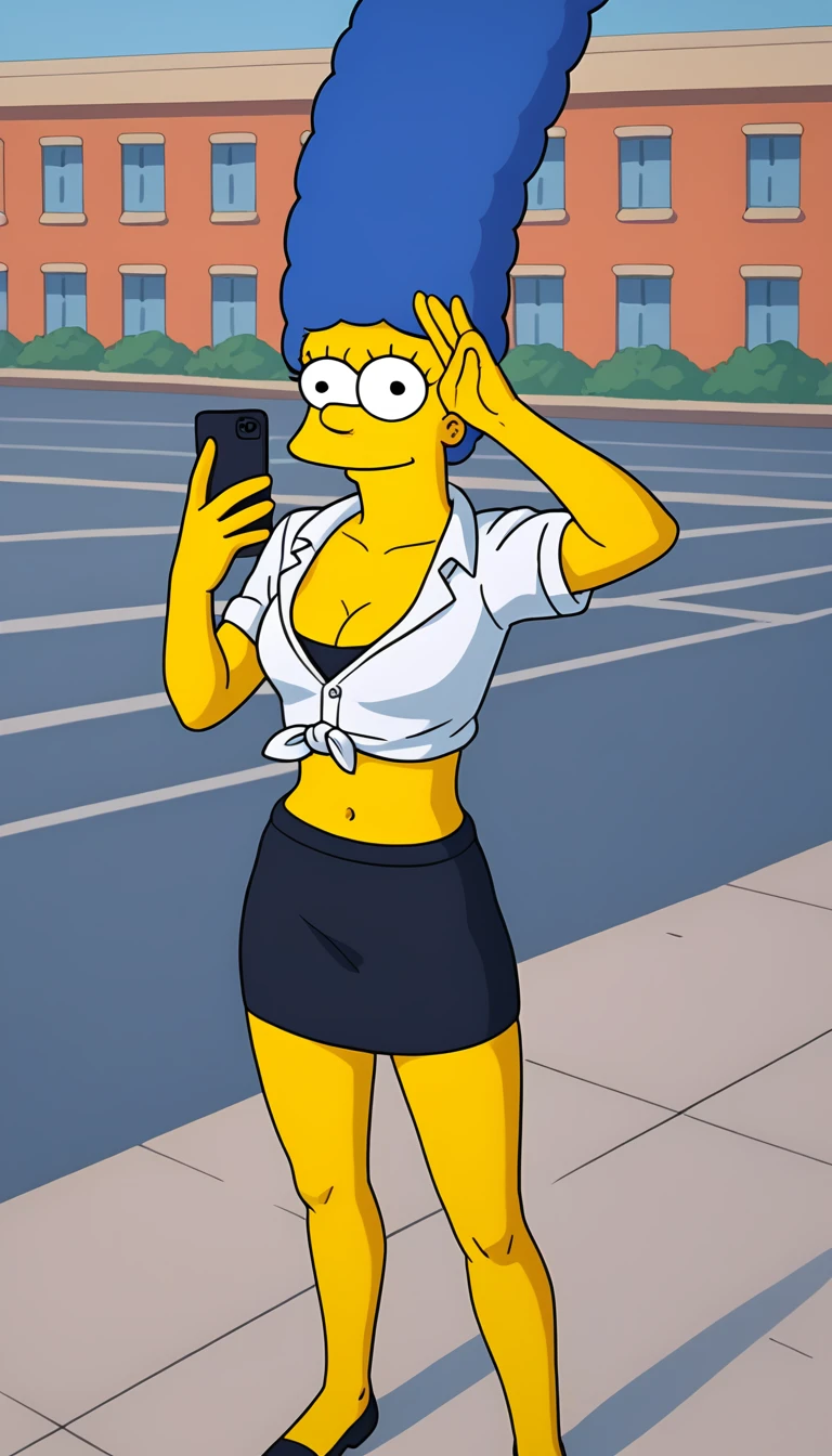 (((marges, blue hair, 1girl, solo, alone, colored skin, yellow skin))), zPDXL flat color, looking at viewer, smile,

   navel, cleavage, , selfie, city, white collared shirt, skirt, thighhighs, open jacket, holding phone         ,

 sexy pose, dynamic pose, dynamic angle, cowboy shot,

outdoor, day,