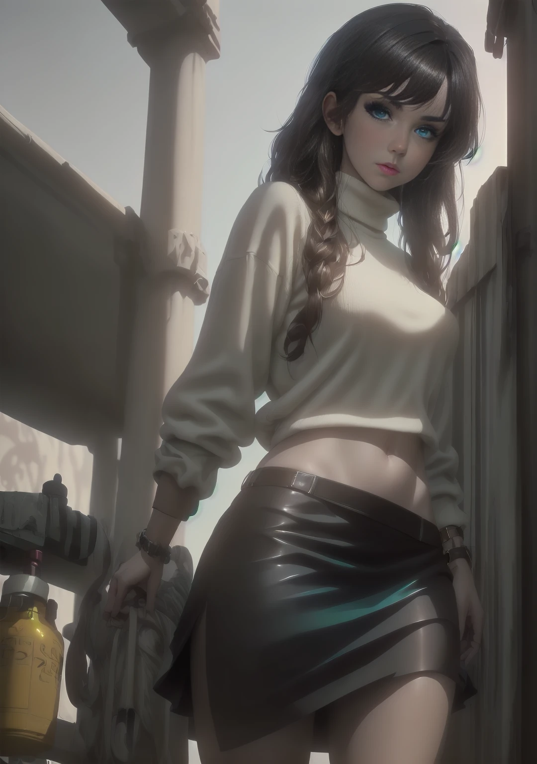a young woman with dark brown hair, beautiful detailed green and blue eyes with central heterochromia, BREAK, white sweater, turtleneck sweater, pencil skirt, black skirt, hose, BREAK, high quality, masterpiece, ultra-detailed, realistic, photorealistic, physically-based rendering, beautiful contrast, studio lighting, sharp focus, professional, BREAK, photography, solo, cowboy shot, simple background, tan skin