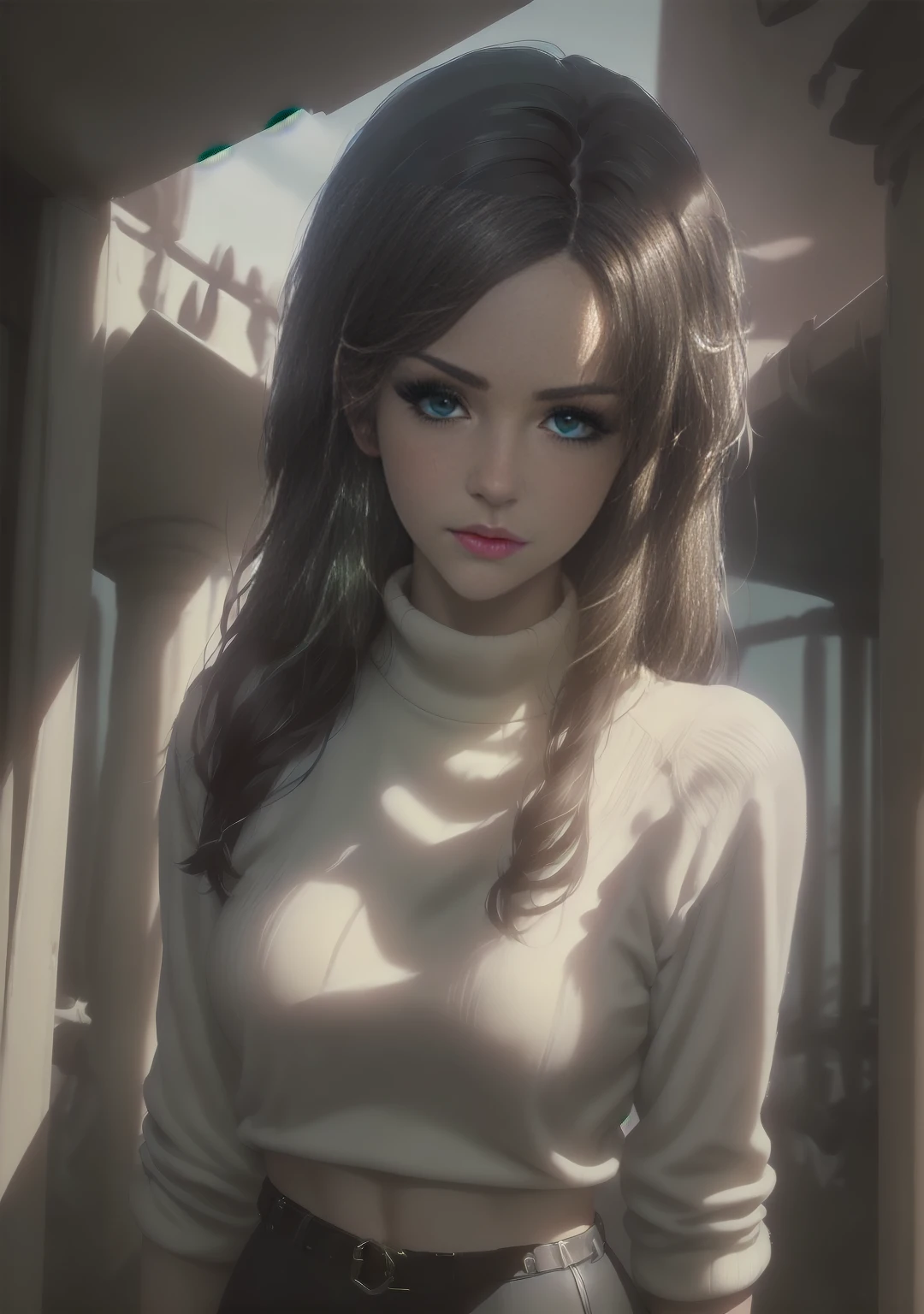 a young woman with dark brown hair, beautiful detailed green and blue eyes with central heterochromia, BREAK, white sweater, turtleneck sweater, pencil skirt, black skirt, pantyhose, BREAK, high quality, masterpiece, ultra-detailed, realistic, photorealistic, physically-based rendering, beautiful contrast, studio lighting, sharp focus, professional, BREAK, photography, solo, cowboy shot, simple background, tan skin