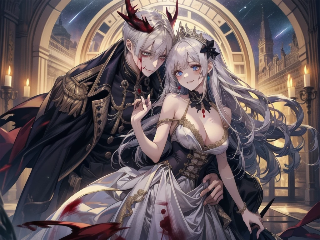 Highest quality、masterpiece、8K、Realistic、超High resolution、High resolution、Perfect female body、Mature Woman、Opposition、(Big Breasts:1.4)、Looking at the audience、(Princess of Another World、Gorgeous Dress、Shining Jewels、Long white hair、Elegant behavior、A delicate tiara、シルクhand袋、Embroidered gown、royal coat of arms、Gold Jewelry)、死んだ腐ったBloodに飢えた邪悪なzombie, Girl Venom, 黒い共bornborn物が付着している, Bloodまみれの, Evil look, Psychopathic, Torn clothes, Torn costume, sexy, reveal, Combat Stance, Very detailed, Vibrant appearance, Creative Action, Very detailed, Imaginative, Sensual, Voluntary, Small breasts, sexy, reveal, Highest quality, skinの質感, Intricate details, (Highest quality, masterpiece, 超High resolution), (8K壁紙, High resolution, High resolution, born), (credibility: 1.4), (whole bodyショット), One girl, ((Anime Girls)),,(Bloodしぶき:1.6), ((Fantasy Witch Costume)), ((Flowing white hair)), ,(Bloodしぶき:1.6),Female curves, Large Breasts, Thick thighs, sexyな平らなお腹, 完璧なhand, 完璧なアニメのface, ((dark ta dress)), Are standing, ((Wicked Smile)), ,(Bloodしぶき:1.6),In the Victorian city, gaslight, Steam circulates, Moonlight Illumination, night間照明, A sky filled with stars and galaxies,disaster々new devil horns,,(Bloodしぶき:1.6),アニメzombie魔女デザインねじれた笑face、Bloodまみれの、頭からの出Blood、Bloodしぶき、,(Bloodしぶき:1.6),Crossbones, skull, Streetwear Design, Provector, Horror Style, Full Design, Huge breasts, Very detailed, Realistic, Dark fantasy, Gloomy atmosphere, Intricate details, Crazy Smile, 狂ったeye, A cute and luxurious hair band,(masterpiece:1.2, Highest quality), Scary atmosphere、Distorted facial expressions、Horror Art、Bloodの雨、Bloodを流す、Bloodしぶき,(Bloodしぶき:1.6),悪魔のeye、redいeye、scar、火scar、whole body、Torn hair of a woman dressed in slave clothing、(Long Hair)、(eyeにかかる長さの前髪)、Black Hair、(((eyeの下のクマ)))、青白いskin、Feeling unwell、Pathological、邪悪な笑face、狂ったeye、(Grin)Dramatic makeup,Create mixed media art、,Horror 1 Girl, Open_mouth, , red_eye, Blood, Tilt_red_skin, Injury, Blood_in addition_face, Bandaged_arm, Blood_in addition_zombie, Blood_in addition_hand , Open your eyelids wide, The trend is all, mouthを大きくOpen, mouthを開けてteethをむき出しにする,獣のような鋭いteeth, Wide lips, 非常に広いmouth, Vermilion cheeks, blonde, ,(Bloodしぶき:1.6),Princess Cut, Ribbon hair ornament, brooch, Otaku Room, Well-built body, Nice body, Ample breasts, Thick body,eyeを大きく開いて、Scary atmosphere、Distorted facial expressions、ねじれた笑face、Bloodまみれの、頭からの出Blood、Bloodしぶき、whole body、,(Bloodしぶき:1.6),Long Hair、Long bangs、Well-built,Broad shoulders,I focus,(face),Messy Hair,いeye,(光るeye),red信号,笑face,big 笑face,teeth,psycho 笑face,gesugao,Dark city background,darkness,night,(close),良いeye, 良いteeth,サディスティックな笑face,,all,光沢のあるskin,詳細なface,Beautiful body, mouthからの白い息 Luxurious lace long gloves