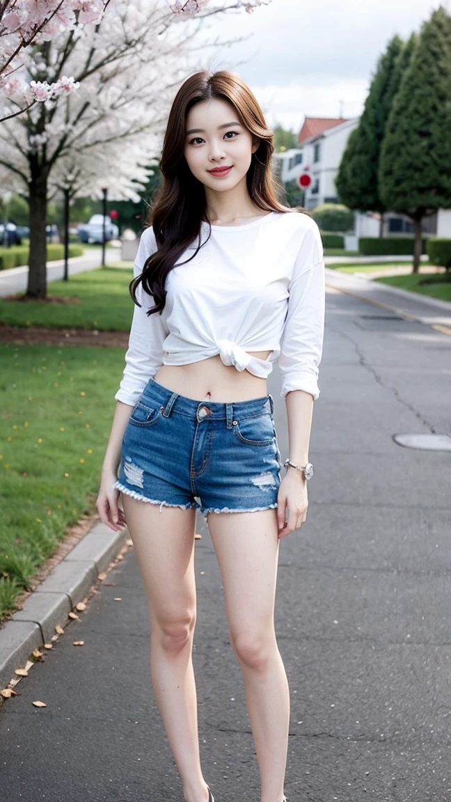 Wearing a white shirt, girl, (tight top:1.5),close your mouth and smile,legs long,Skinny super shorts,White skin of the,high high quality,4K, Face-to-face audience, 1 plump girl,hair tying up,at the street side,(Bring your legs together:1.5),with a round face, 32 inches in the chest, (sexy pose),(standing pose) ,(full body shot)、Chest 32 inches, ,Stand on the grass and take pictures,Bangs to eyebrows、Beautiful brown hair、Beautiful and delicate eyes、Brown eyes、Raise an eyebrow、Bangs to eyebrows、Beautiful brown hair、Beautiful and delicate eyes、Brown eyes、Raise an eyebrow、High Nose、Small nostril、Little mouth、Tempting lips、Mouth slightly open、Beautiful breasts、Full body、Oval face,Phoenix Eyes,Eyebrow, Double eyelids, Long eyelashes, A faint smile, full-body shot:1.2,She has a pair of eyes as clear as water,Eyebrows are like distant mountains,Creamy skin,Lips like cherry blossoms。Her beauty is not only in appearance,It's more about her fragile yet tenacious temperament,Like a hibiscus flower swaying in the wind,It's pitiful, A faint smile, full-body shot:1.2,