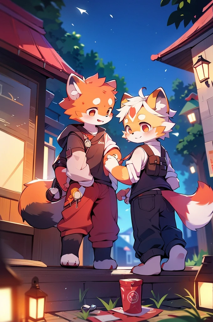 Red panda girl and boy couple, uniform、Hand in hand，One boy，One Girl，night，