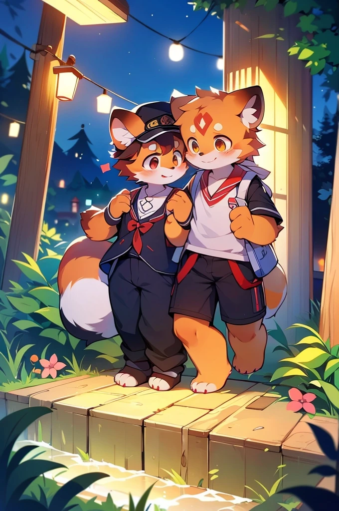 Red panda girl and boy couple, uniform、Hand in hand,One boy,One Girl,night,