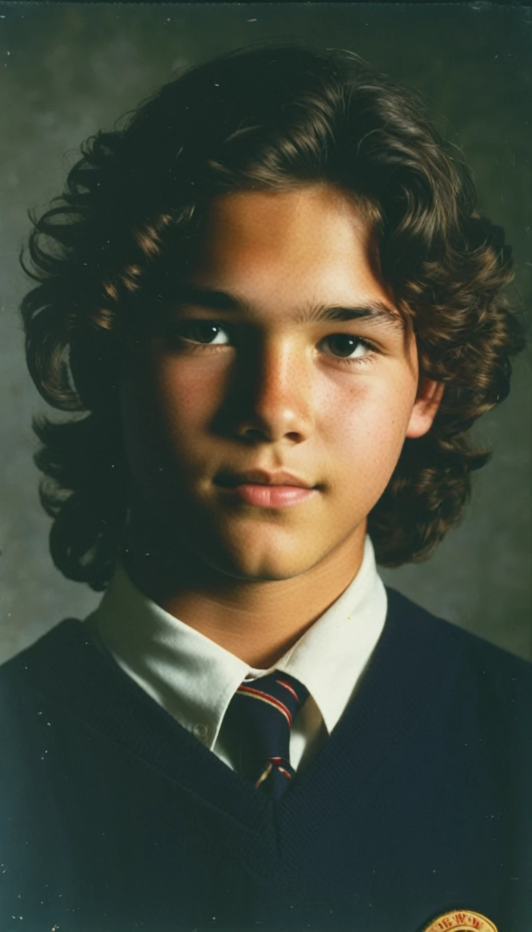 analog film photo, modern day photo of a young student, 13 years-old, male, brown-black hair, long curly hair, brown eyes, caucasian, round face, oval-shaped jawline, bulbous nose, full lips, thick eyebrows, soft features, stocky broad frame, chubby, fat, resembles Dean Cain, (relaxed school uniform:1.1), silhouette, backlit, split lighting, half face in shadow, RAW Photograph, dslr, hard lighting, hard shadows, high quality, film grain, Fujifilm XT3, detailed skin with visible pores, insane details, masterpiece, 8k, 35mm photograph, dslr, kodachrome, faded film, desaturated, 35mm photo, grainy, vintage, Kodachrome, Lomography, stained, highly detailed, found footage, yearbook portrait, contemporary, 2024