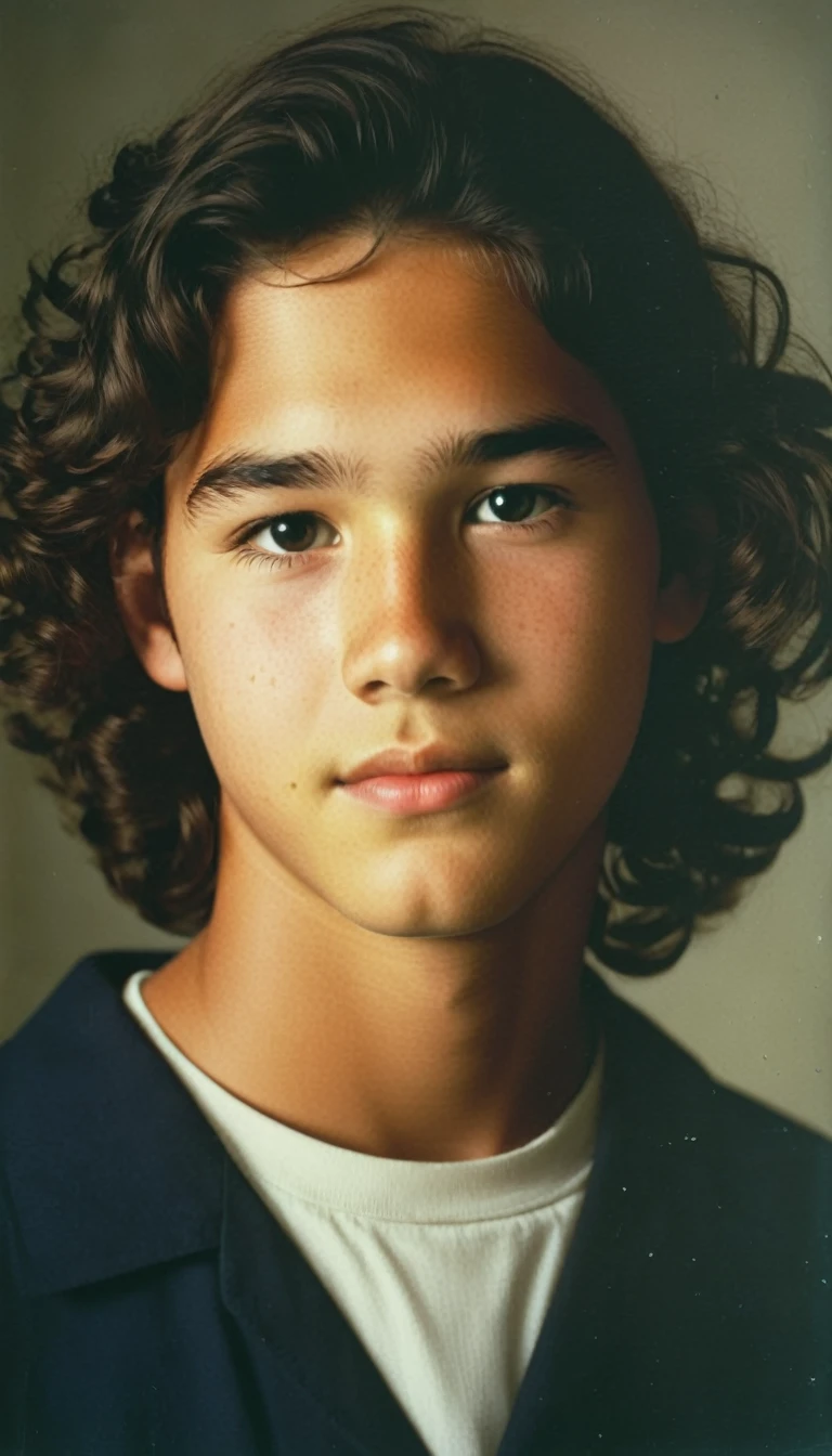 analog film photo, modern day photo of a young student, 13 years-old, male, brown-black hair, long curly hair, brown eyes, caucasian, round face, oval-shaped jawline, bulbous nose, full lips, thick eyebrows, soft features, stocky broad frame, chubby, fat, resembles Dean Cain, (relaxed school uniform:1.1), silhouette, backlit, split lighting, half face in shadow, RAW Photograph, dslr, hard lighting, hard shadows, high quality, film grain, Fujifilm XT3, detailed skin with visible pores, insane details, masterpiece, 8k, 35mm photograph, dslr, kodachrome, faded film, desaturated, 35mm photo, grainy, vintage, Kodachrome, Lomography, stained, highly detailed, found footage, yearbook portrait, contemporary, 2024