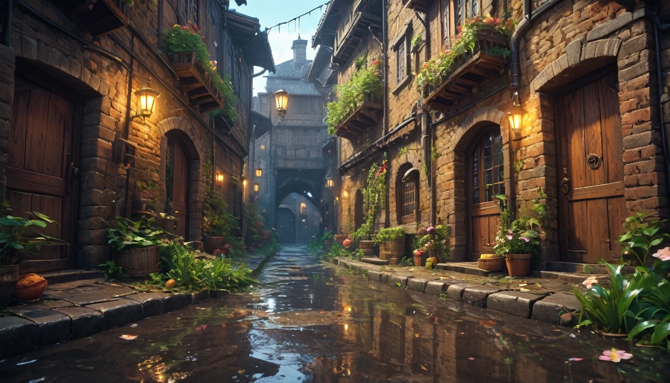 (anime, fantasy, small alley), (detailed CG unity 8k wallpaper, masterpiece, best quality, ultra-detailed, HDR:1.2, depth of field), vibrant colors, intricate, high FXAA, dark fantasy, dark alley way in medieval city, medieval, close-up, water puddle, mice, trash, raining