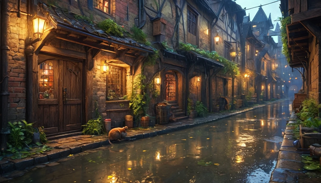 (anime, fantasy, small alley), (detailed CG unity 8k wallpaper, masterpiece, best quality, ultra-detailed, HDR:1.2, depth of field), vibrant colors, intricate, high FXAA, dark fantasy, dark alley way in medieval city, medieval, close-up, water puddle, mice, trash, raining
