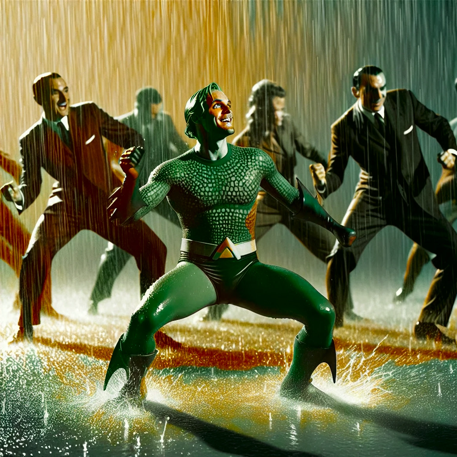 illustrate aquaman dancing stanky boogie in the rain, (vintage green and orange hero aquatic suit), A black and white world, each drop of rain unleashes a ripple of color, bringing color to this otherise mundane world, color reverberating out from each raindrop as it makes contact with the ground, sublte coloring to enrich the black and white image, rich color grading, sense of depth, shading and shadows (random wild weird dall-e), webcomic, beyond weird, hyper maximal, utterly strange, too weird, unknown, **wordless** strangely dancing aquaman, purely maximal blissed, elated, contortion, stretched skewed, outlandish, odd, weird, absurd, zany, silly, contorted, unhinged, stylish illustration in the style of Joelle Jones of vintage classic sea hero aquaman dancing a stanky boogie dance, warm color grading, cinematic coloring lighting texture, 1940's watercolor background