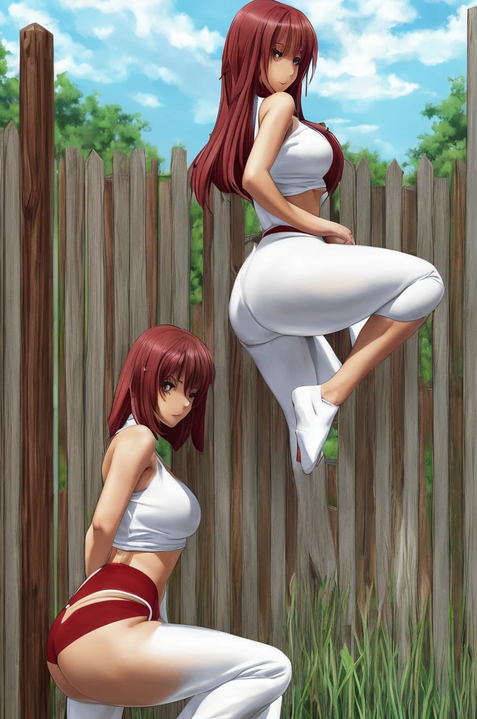 araffe in a white top and red pants leaning on a fence, a photorealistic painting by Kentaro Miura, Artstation, arabesque, 🐎🍑, sexy pose, character is in her natural pose, thicc, casual pose, attractive pose, photorealistic perfect body, insanely inflated hips, beautiful anime girl squatting, big booty