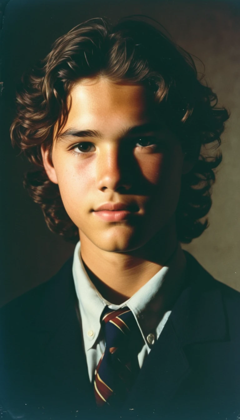 analog film photo, modern day photo of a young student, s-old, male, brown-black hair, long curly hair, brown eyes, caucasian, round face, oval-shaped jawline, bulbous nose, full lips, thick eyebrows, soft features, stocky broad frame, chubby, fat, resembles a young Dean Cain, (relaxed school uniform:1.1), silhouette, backlit, split lighting, half face in shadow, RAW Photograph, dslr, hard lighting, hard shadows, high quality, film grain, Fujifilm XT3, detailed skin with visible pores, insane details, masterpiece, 8k, 35mm photograph, dslr, kodachrome, faded film, desaturated, 35mm photo, grainy, vintage, Kodachrome, Lomography, stained, highly detailed, found footage, yearbook portrait, contemporary, 2024