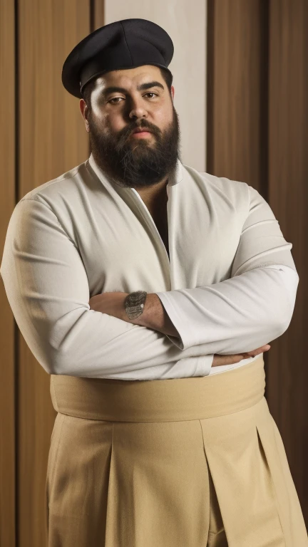 The space general despido, nú, não tem roupa apenas sunga branca de couro brilhoso, he is fat bearded, long sleeve uniform , he has his arms crossed seriously, speaking to the viewer, He wears a white general hat on his head. Visão completo do corpo do personagem.