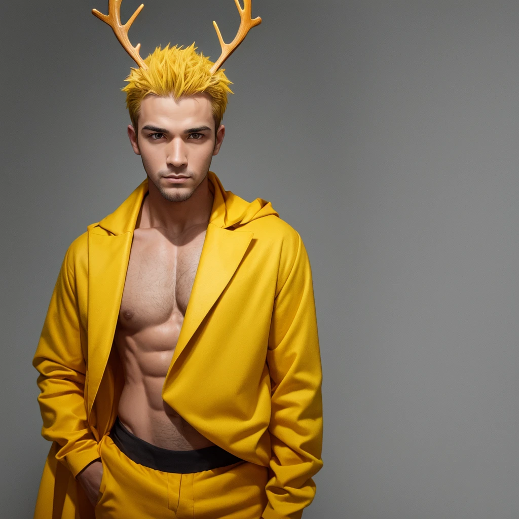 Generate an image of a male entertainer with a serious expression, standing upright and facing directly forward in a chest-up portrait style, resembling a passport photo. He is wearing yellow clothing and has antlers growing from his head. Ensure the background is simple to highlight his presence.