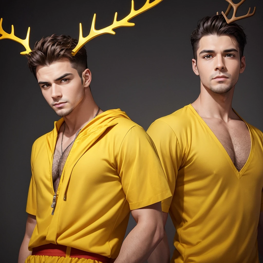 Generate an image of a male entertainer with a serious expression, standing upright and facing directly forward in a chest-up portrait style, resembling a passport photo. He is wearing yellow clothing and has antlers growing from his head. Ensure the background is simple to highlight his presence.