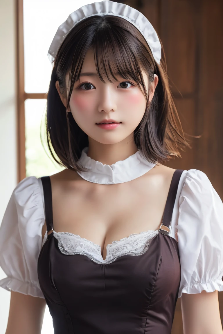 Highest quality, (beautiful)、Brown maid clothes、Larger breasts、Brown Hair、looking at the camera