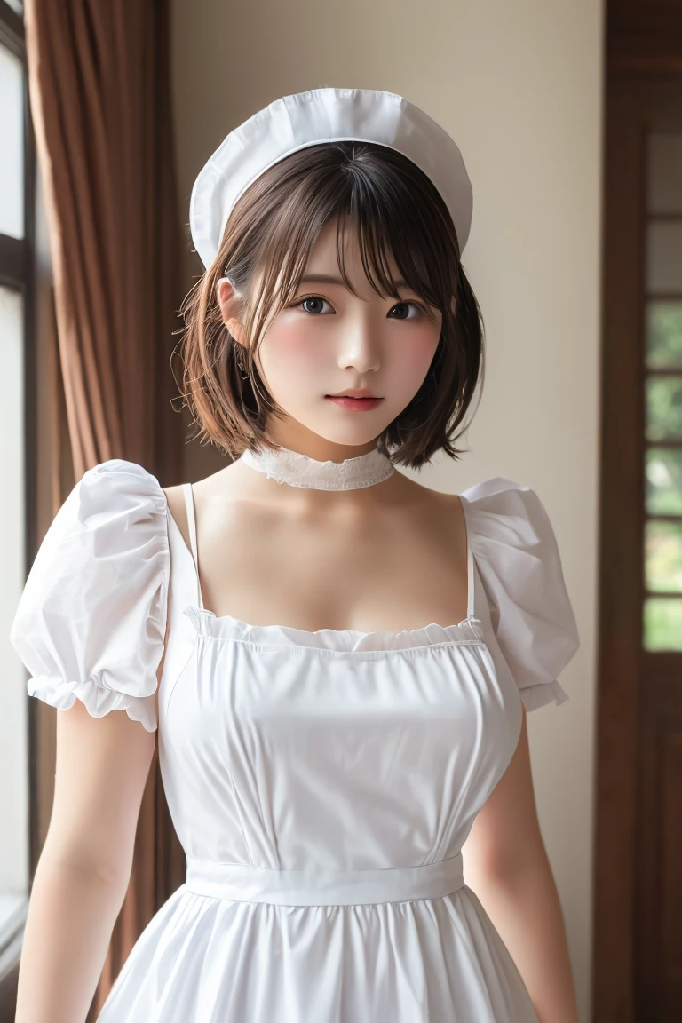 Highest quality, (beautiful)、Brown maid clothes、Larger breasts、Brown Hair、looking at the camera