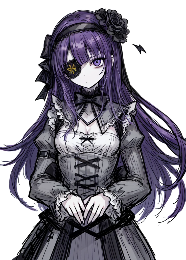 1girl, violet hair,garden alchemist dress ,pale skin,(high resolution, high detail, best quality),
black eye patch, serious, flat-chested, headband, black flowers