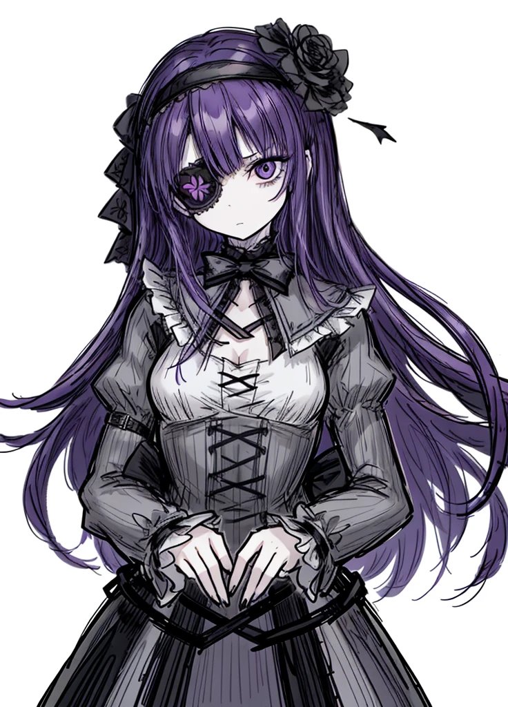 1girl, violet hair,garden alchemist dress ,pale skin,(high resolution, high detail, best quality),
black eye patch, serious, flat-chested, headband, black flowers