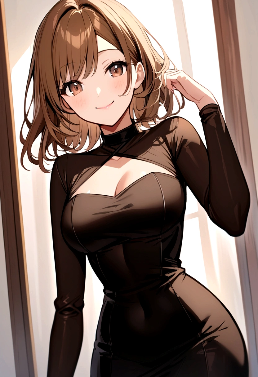 anime girl with brown hair black bodycon dress with long sleeves and a rectangular neckline with light tanned skin dark brown eyes and smiling