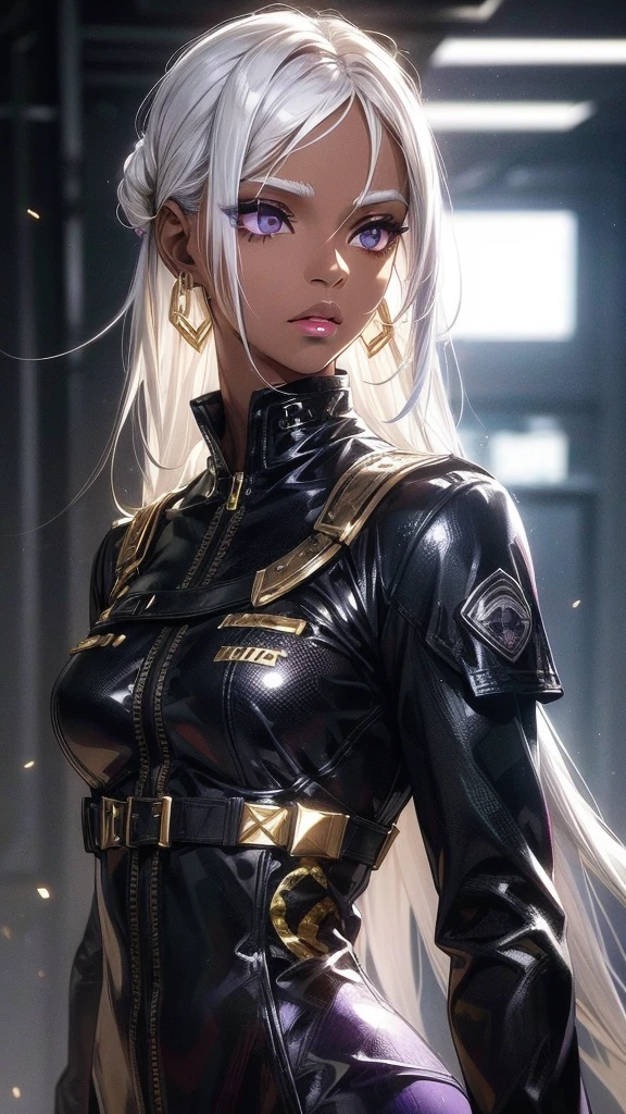 A  with straight white hair, Dark Skin, Latin descent, Purple iris, Wearing black tactical uniform with gold lines，Wearing gold snake earrings. Delicate eyes, Delicate face, Exquisite grunge clothing, light, Realistic concept art with strong backlighting.