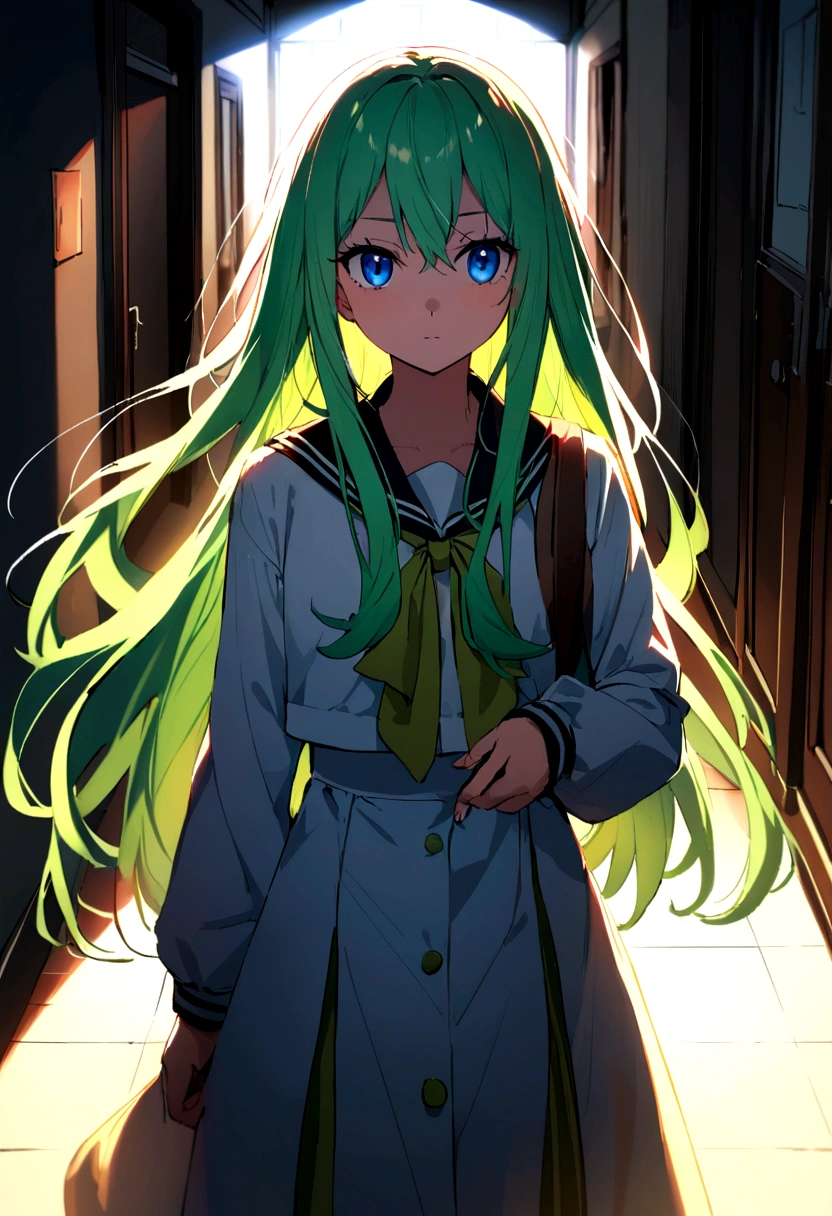 A female student in high with green long hair and blue eyes walks down a high school hallway.