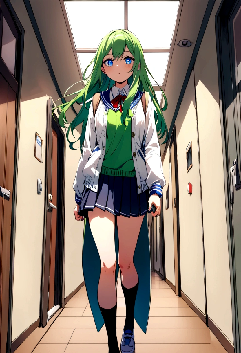 A female teenage student in high  with green long hair and blue eyes walks down a high school hallway.