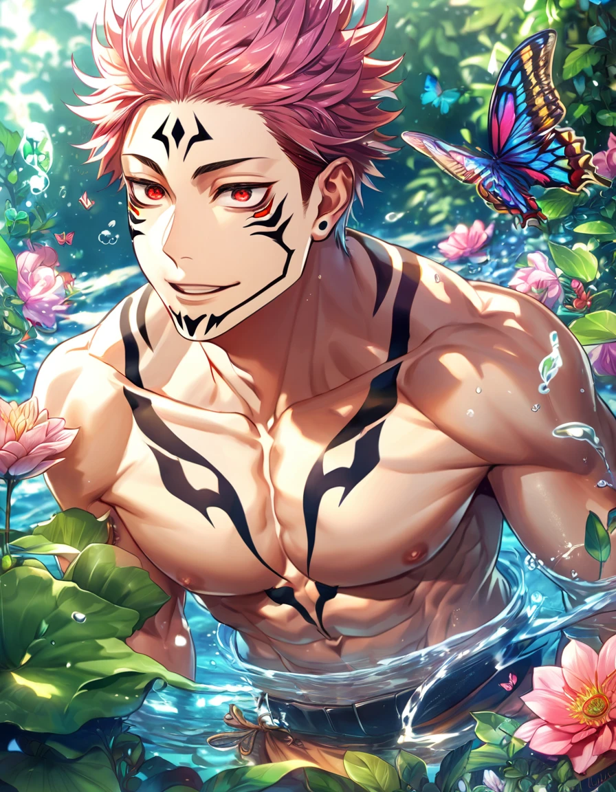 absurdres, highres, ultra detailed, HDR, master piece, best quality, extremely detailed face, delicated features, Ryoumen Sukuna, pink hair, expressive red eyes, Jujutsu Kaisen, solo, sexy man, handsome, handsome smile, bare chest, toned chest, without shirt, fantasy, magical, butterflies, summer, green leaves, flowers, water